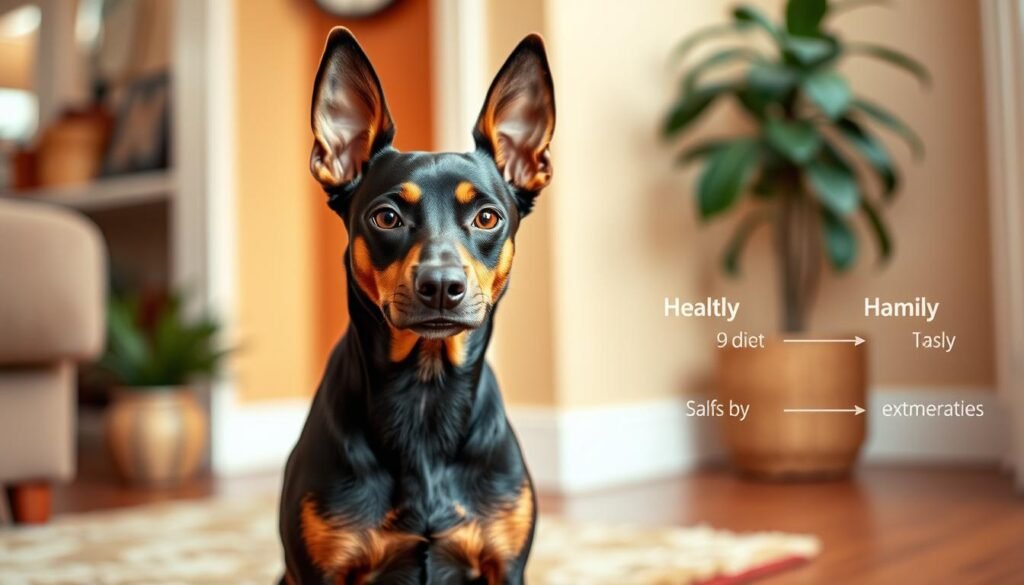 A Doberman Chihuahua mix standing in a well-lit, cozy home setting. The dog has a muscular Doberman-like build with pointed ears and a short, smooth Chihuahua-style coat. Its expression conveys a mix of alertness and affection. The background features warm, earthy tones, with a plush rug and a potted plant in the corner, suggesting a comfortable, family-friendly environment. The lighting is soft and diffused, creating a calming atmosphere that highlights the dog's distinctive features and health considerations, such as potential joint issues or sensitivity to temperature extremes.