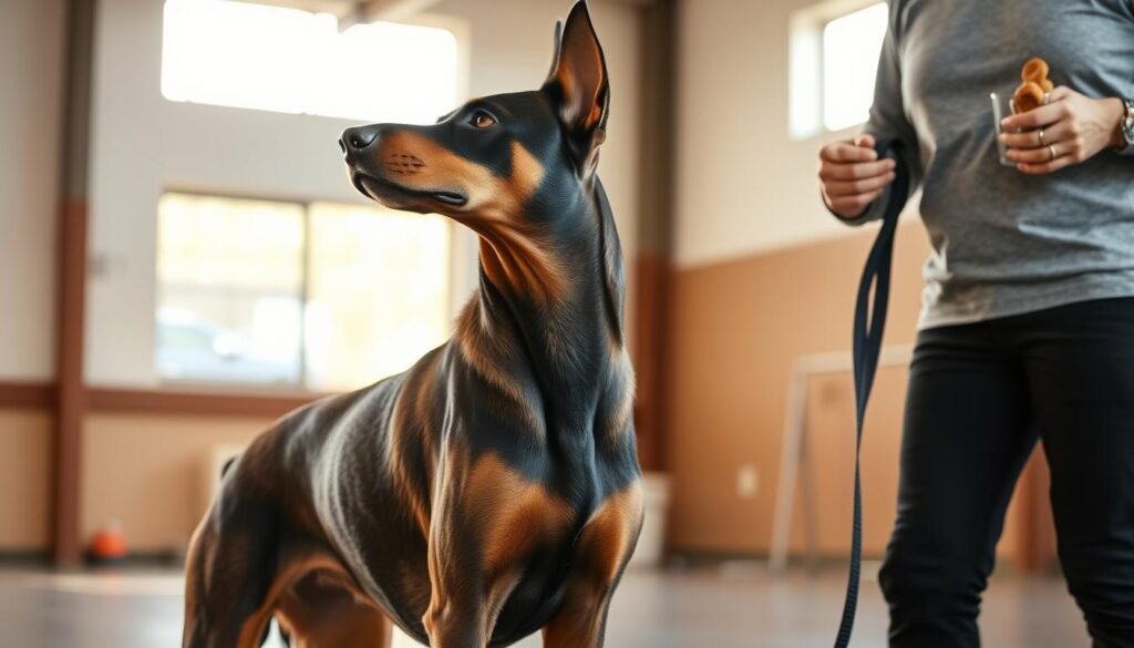 A Doberman German Shepherd mix dog standing attentively, its muscular body poised for training. The animal's intense gaze is fixed on its handler, who stands nearby with an assortment of treats and a leash, guiding the dog through obedience exercises in a spacious, well-lit indoor training facility. Warm, natural lighting filters in from large windows, casting a soft glow over the scene. The dog's coat is sleek and shiny, a mix of the Doberman's short fur and the Shepherd's longer, thicker fur. The handler's calm, authoritative demeanor creates an atmosphere of trust and focus as the training session progresses.