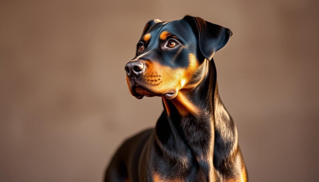 A Doberman Pinscher Rottweiler mix standing alert, its powerful muscular body radiating confidence. The dog's intense gaze exudes a combination of intelligence and watchfulness, reflecting its protective nature. Warm lighting from the side accentuates the textured fur and sculpted features, creating a striking contrast against a blurred, neutral background. The image conveys the breed's temperament - a harmonious blend of loyalty, alertness, and a gentle demeanor towards its family, balanced by an unwavering sense of guardianship. A Doberman Pinscher Rottweiler mix standing alert, its powerful muscular body radiating confidence. The dog's intense gaze exudes a combination of intelligence and watchfulness, reflecting its protective nature. Warm lighting from the side accentuates the textured fur and sculpted features, creating a striking contrast against a blurred, neutral background. The image conveys the breed's temperament - a harmonious blend of loyalty, alertness, and a gentle demeanor towards its family, balanced by an unwavering sense of guardianship.