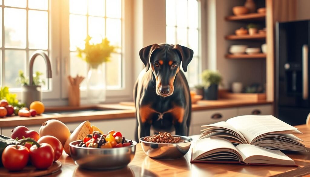 A Doberman Pinscher and Labrador Retriever mix stands in a sunny kitchen, inspecting a bowl of nutritious dog food. The dog's muscular build and alert expression suggest a mix of the Doberman's athleticism and the Lab's friendly demeanor. The kitchen counter is adorned with fresh fruits, vegetables, and other healthy ingredients, hinting at the dog's balanced, high-quality diet. Warm, natural lighting from large windows illuminates the scene, creating a cozy, inviting atmosphere. The dog's coat shines with a healthy luster, reflecting the benefits of its tailored nutritional regimen. An open cookbook on the counter suggests the owner's dedication to providing the best possible care for their canine companion.
