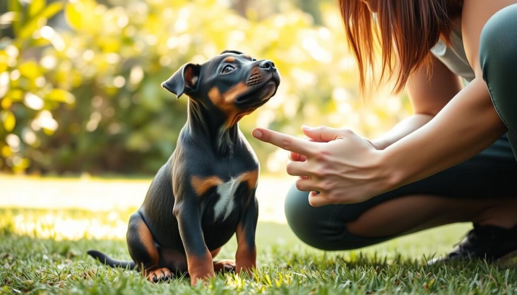 A Doberman Pitbull mix puppy playfully interacting with an adult human in a bright, inviting backyard setting. The puppy is sitting attentively, with alert, friendly eyes, while the human crouches down at eye level, gently petting the puppy's smooth coat. Soft natural lighting filters through the lush greenery in the background, creating a warm, welcoming atmosphere that emphasizes the importance of socialization for this energetic, intelligent breed mix. The composition is captured through a medium-wide lens, allowing the viewer to observe the positive interaction and bond forming between the dog and human.