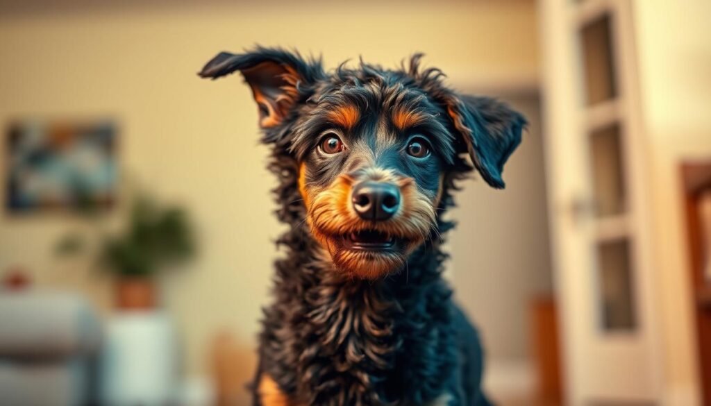 A Doberman Poodle mix in a lively, energetic pose, with piercing eyes and a curious, alert expression. The dog is shown in a well-lit, warm-toned indoor setting, with a soft, blurred background that suggests a cozy domestic scene. The breed's distinctive features, such as the pointed ears, muscular build, and curly fur, are clearly visible. The lighting creates dynamic shadows and highlights, emphasizing the dog's dynamic movements and playful energy. The overall composition conveys the hybrid's spirited and intelligent temperament, reflecting its suitability as a companion animal.
