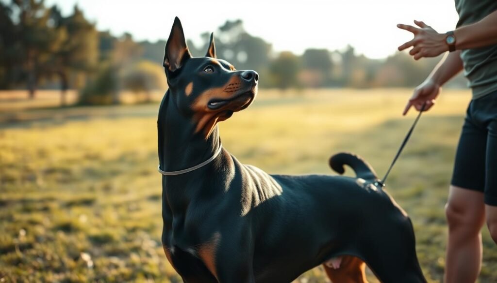 A Doberman Rottweiler mix in a well-lit training session, captured with a wide-angle lens. The dog's muscular body stands in a focused stance, eyes alert as it attentively follows the handler's commands. In the background, a grassy field with scattered trees sets a serene, natural scene. The lighting casts warm, diffused shadows, creating a sense of depth and drama. The handler, clad in practical activewear, demonstrates various obedience techniques, guiding the hybrid breed with positive reinforcement. The overall atmosphere conveys the dedication and care required to train this unique and powerful canine companion. A Doberman Rottweiler mix in a well-lit training session, captured with a wide-angle lens. The dog's muscular body stands in a focused stance, eyes alert as it attentively follows the handler's commands. In the background, a grassy field with scattered trees sets a serene, natural scene. The lighting casts warm, diffused shadows, creating a sense of depth and drama. The handler, clad in practical activewear, demonstrates various obedience techniques, guiding the hybrid breed with positive reinforcement. The overall atmosphere conveys the dedication and care required to train this unique and powerful canine companion.