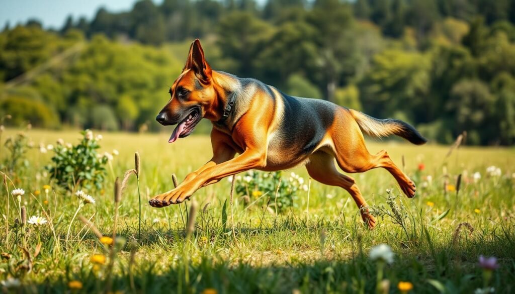 A German Shepherd Doberman mix canine intently exercising in a sun-dappled meadow. The athletic hybrid gracefully leaps and bounds, its muscular body a fluid harmony of motion. The foreground captures the dog's powerful form, its taut limbs and focused gaze conveying its dedication to the workout. In the middle ground, lush greenery and wildflowers sway gently in a warm breeze. The background hints at a tranquil forest, lending an aura of peaceful seclusion to the scene. Crisp natural lighting accentuates the animal's sleek coat and highlights its striking facial features - the chiseled muzzle, alert ears, and intelligent eyes of its Shepherd and Doberman heritage. An image that epitomizes the exercise demands and athletic prowess of this remarkable canine crossbreed.