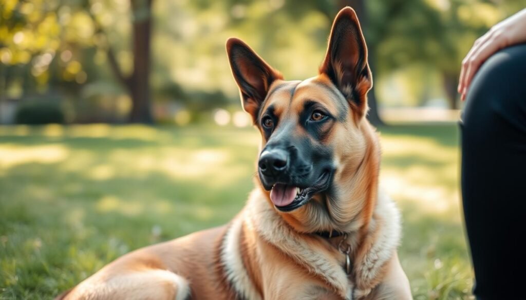 A German shepherd Doberman mix dog, its confident gaze and alert posture exuding a sense of intelligence and strength. The dog sits in a sunlit, grassy park setting, its tawny coat glistening as it engages with a human companion, their interaction conveying a warm, affectionate bond. Soft, diffused lighting filters through the trees, casting a gentle, inviting atmosphere. The depth of field blurs the background, keeping the focus on the dog and its human, highlighting their harmonious socialization.