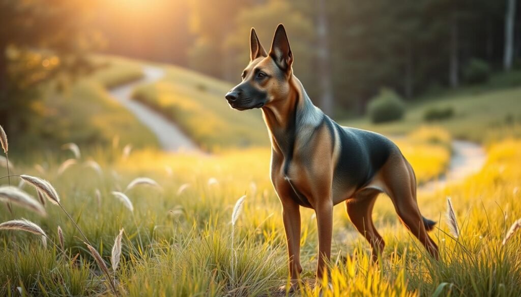 A German shepherd doberman mix dog, athletic and alert, stands in a lush meadow, its muscular body poised for action. Warm afternoon sunlight filters through the swaying grasses, casting a golden glow on the dog's sleek coat. In the background, a winding trail leads through a dense forest, hinting at the energetic exercise this breed craves. The dog's intense gaze and ready stance convey the focus and determination required to fulfill its exercise needs, making it an ideal companion for an active lifestyle.