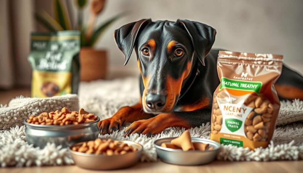 A Labrador mix Doberman lounging on a plush rug, surrounded by a variety of healthy pet food options, including kibble, wet food, and natural treats. The dog's attentive gaze is focused on the camera, conveying a sense of curiosity and intelligence. Soft, warm lighting illuminates the scene, creating a cozy and inviting atmosphere. The background features natural elements, such as plants or a neutral-toned wall, to emphasize the importance of proper nutrition for this active, hybrid breed. Captured with a shallow depth of field, the image highlights the Labrador mix Doberman's distinctive features and the nutritious options available to support its overall well-being.