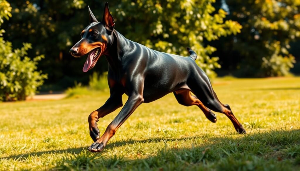 A black Doberman panting, muscles rippling, as it trots with purpose across a sunlit park. The dog's sleek, powerful frame is captured in a mid-stride pose, its claws digging into the soft grass. In the background, lush foliage frames the scene, creating a verdant, naturalistic setting. The lighting is warm and directional, casting dramatic shadows that accentuate the Doberman's defined musculature. The camera angle is low, placing the viewer at the dog's level, conveying a sense of energy and dynamism. The overall mood is one of strength, athleticism, and the Doberman's inherent grace in motion. A black Doberman panting, muscles rippling, as it trots with purpose across a sunlit park. The dog's sleek, powerful frame is captured in a mid-stride pose, its claws digging into the soft grass. In the background, lush foliage frames the scene, creating a verdant, naturalistic setting. The lighting is warm and directional, casting dramatic shadows that accentuate the Doberman's defined musculature. The camera angle is low, placing the viewer at the dog's level, conveying a sense of energy and dynamism. The overall mood is one of strength, athleticism, and the Doberman's inherent grace in motion.