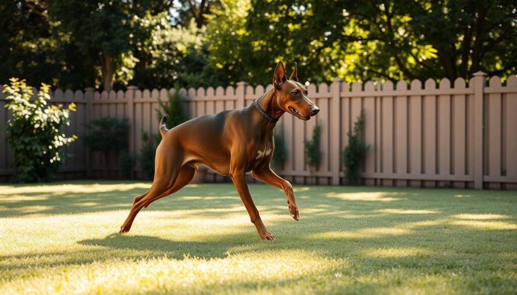 A brown Doberman dog, muscular and alert, exercising in a fenced backyard. Sunlight filters through lush greenery, casting warm shadows across the well-manicured lawn. The dog trots purposefully, its powerful legs propelling it forward with each step. Its ears perk up, eyes scanning the perimeter as it maintains a steady pace, ready to respond to any stimuli. The fence, painted a soothing neutral tone, frames the scene, conveying a sense of security and containment. The overall atmosphere is one of tranquility and vigor, reflecting the breed's innate energy and loyalty. A brown Doberman dog, muscular and alert, exercising in a fenced backyard. Sunlight filters through lush greenery, casting warm shadows across the well-manicured lawn. The dog trots purposefully, its powerful legs propelling it forward with each step. Its ears perk up, eyes scanning the perimeter as it maintains a steady pace, ready to respond to any stimuli. The fence, painted a soothing neutral tone, frames the scene, conveying a sense of security and containment. The overall atmosphere is one of tranquility and vigor, reflecting the breed's innate energy and loyalty.