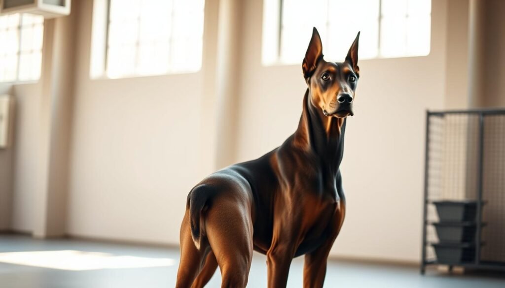 A brown Doberman stands attentively, its muscular frame and alert gaze conveying a sense of power and intelligence. The dog is positioned in a well-lit training area, with soft, natural lighting filtering in from large windows, casting a warm, golden glow. In the middle ground, a human trainer stands nearby, gesturing with outstretched hands, guiding the Doberman through a series of obedience exercises. The background is blurred, suggesting a spacious, comfortable training facility, free of distractions. The overall scene emanates a sense of harmony, trust, and the strong bond between the Doberman and its dedicated trainer.