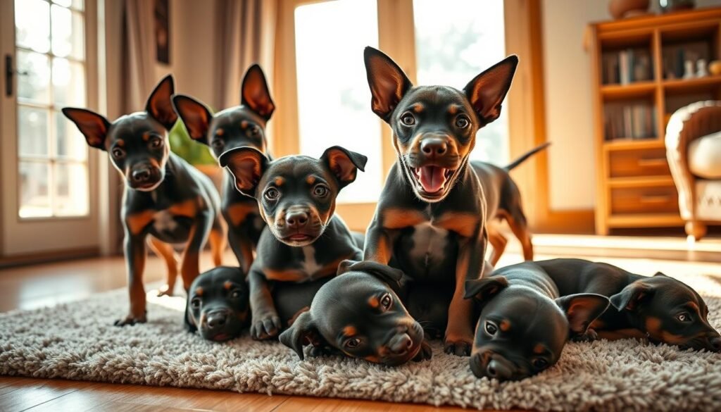 A cheerful litter of Doberman Pitbull mix puppies frolicking in a cozy, sun-drenched living room. The adorable pups tumble playfully on a plush rug, their large bat-like ears and expressive eyes capturing their friendly, affectionate personalities. Soft natural light filters in through large windows, bathing the scene in a warm, inviting glow. The puppies' muscular builds and alert postures hint at their potential strength and intelligence, while their joyful demeanor suggests the loving companionship they could offer a forever home. This harmonious blend of power and gentleness epitomizes the appeal of adopting a Doberman Pitbull mix. A cheerful litter of Doberman Pitbull mix puppies frolicking in a cozy, sun-drenched living room. The adorable pups tumble playfully on a plush rug, their large bat-like ears and expressive eyes capturing their friendly, affectionate personalities. Soft natural light filters in through large windows, bathing the scene in a warm, inviting glow. The puppies' muscular builds and alert postures hint at their potential strength and intelligence, while their joyful demeanor suggests the loving companionship they could offer a forever home. This harmonious blend of power and gentleness epitomizes the appeal of adopting a Doberman Pitbull mix.