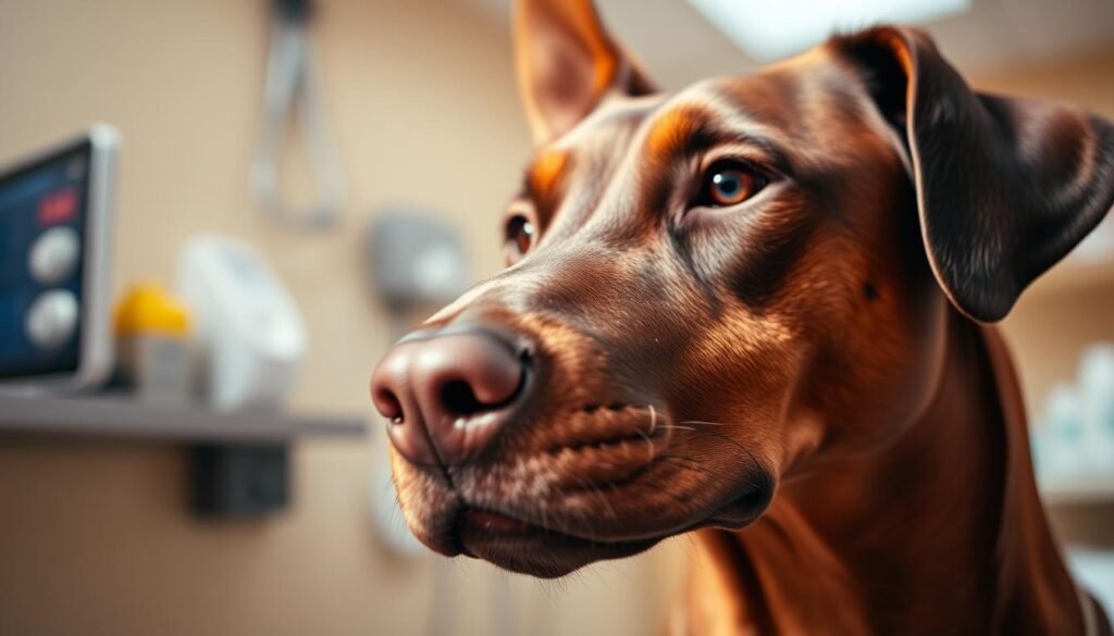 A close-up of a brown Doberman's head, its expression pensive and thoughtful. The dog's fur appears soft and glossy, with a subtle sheen. In the background, a blurred veterinary clinic setting suggests the focus on the breed's health concerns. Warm, indirect lighting casts gentle shadows, creating a contemplative mood. The camera angle is slightly elevated, evoking a sense of care and concern for the Doberman's well-being. The image conveys the importance of understanding and addressing the unique health issues faced by this breed.