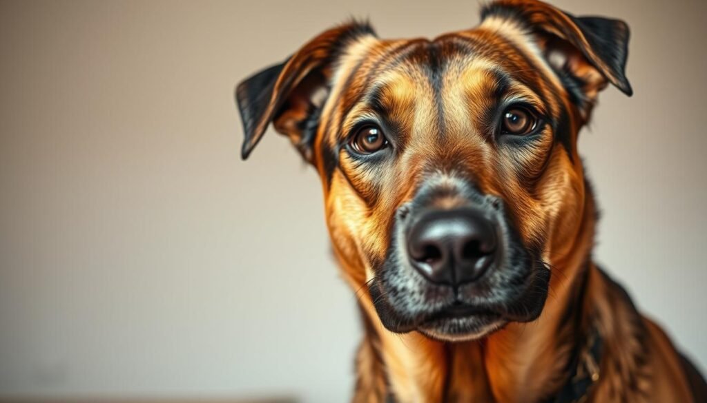 A close-up photograph of a healthy German Shepherd Doberman mix dog, with a shallow depth of field to focus attention on the animal's face and upper body. The dog's expression is alert and attentive, with bright, inquisitive eyes and a slightly parted mouth, conveying a sense of curiosity. The lighting is soft and natural, creating warm, even shadows that accentuate the dog's muscular build and glossy, well-groomed coat. The background is slightly blurred, suggesting a clean, uncluttered indoor setting that allows the dog to be the central focus of the image.