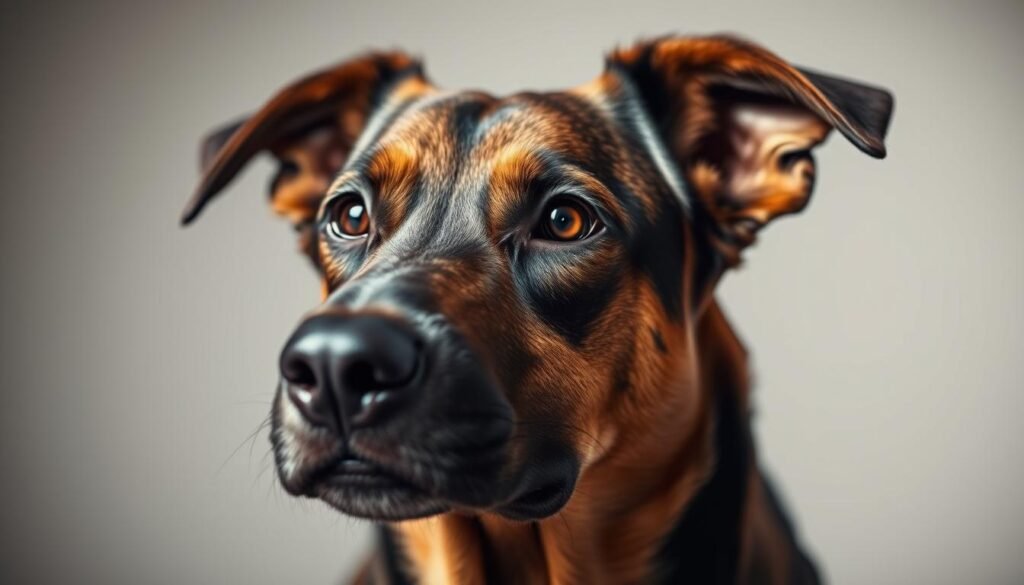 A close-up portrait of a Doberman-German Shepherd mix dog, its head tilted slightly to one side, with a thoughtful, intelligent gaze. The dog's features showcase the distinctive characteristics of both breeds - the strong, angular head of the Doberman and the alert, attentive eyes of the German Shepherd. The lighting is soft and diffused, creating a warm, inviting atmosphere that emphasizes the dog's friendly and approachable demeanor. The background is blurred, keeping the focus on the dog's expressive face and allowing the viewer to concentrate on the health considerations relevant to this mixed-breed canine. A close-up portrait of a Doberman-German Shepherd mix dog, its head tilted slightly to one side, with a thoughtful, intelligent gaze. The dog's features showcase the distinctive characteristics of both breeds - the strong, angular head of the Doberman and the alert, attentive eyes of the German Shepherd. The lighting is soft and diffused, creating a warm, inviting atmosphere that emphasizes the dog's friendly and approachable demeanor. The background is blurred, keeping the focus on the dog's expressive face and allowing the viewer to concentrate on the health considerations relevant to this mixed-breed canine.