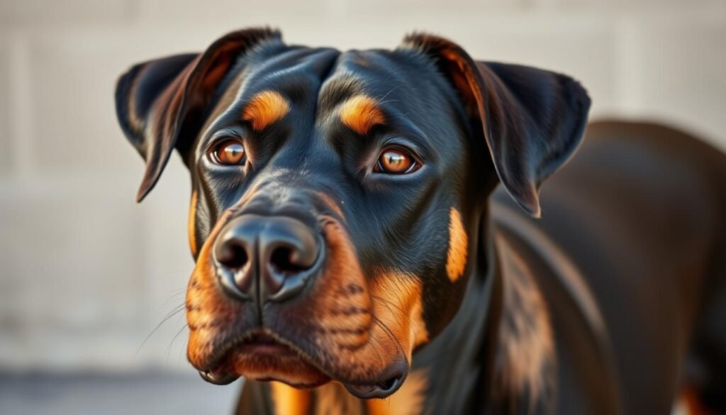 A close-up portrait of a Doberman Rottweiler mix dog, its powerful head and muscular frame filling the frame. The dog's expression is alert and focused, its eyes intently studying the viewer. Warm, natural lighting illuminates the dog's sleek, glossy coat, highlighting its distinctive markings - the Doberman's tan points and the Rottweiler's black-and-tan pattern. In the background, a blurred, neutral environment emphasizes the subject. The image conveys the hybrid breed's strength, intelligence, and potential health considerations related to its mixed lineage. A close-up portrait of a Doberman Rottweiler mix dog, its powerful head and muscular frame filling the frame. The dog's expression is alert and focused, its eyes intently studying the viewer. Warm, natural lighting illuminates the dog's sleek, glossy coat, highlighting its distinctive markings - the Doberman's tan points and the Rottweiler's black-and-tan pattern. In the background, a blurred, neutral environment emphasizes the subject. The image conveys the hybrid breed's strength, intelligence, and potential health considerations related to its mixed lineage.