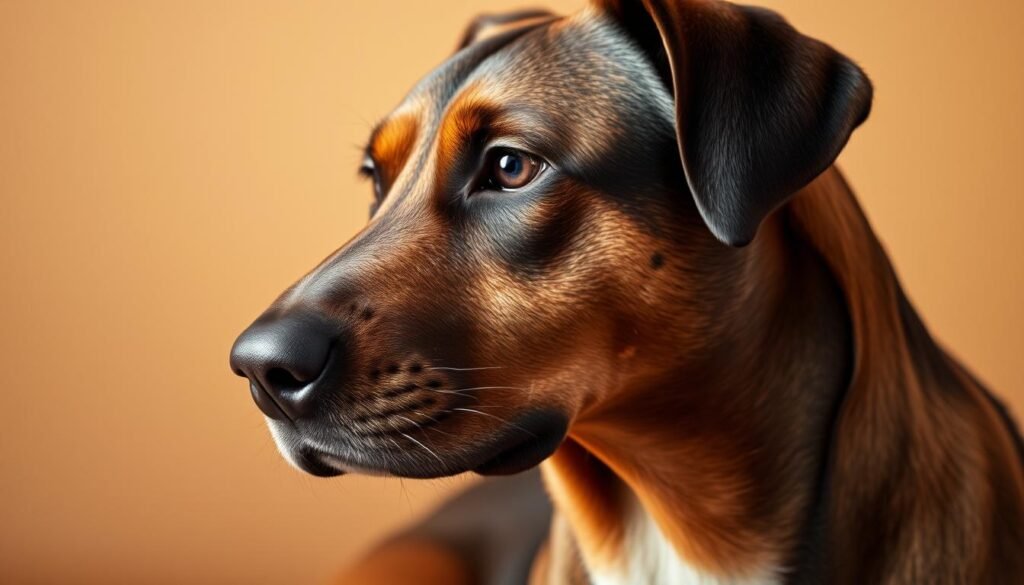 A close-up portrait of a mixed-breed dog with the distinct features of both a Doberman Pinscher and a German Shepherd. The dog's head is tilted slightly, revealing a muscular, wedge-shaped skull and a tapered muzzle characteristic of a Doberman, while the floppy ears and the alert, attentive expression are reminiscent of a German Shepherd. The dog's coat is a rich, mahogany-brown color with a smooth, glossy texture, transitioning to a lighter shade on the chest and paws. The lighting is soft and diffused, creating depth and texture in the subject's features. The background is blurred, with a warm, earthy tone that complements the dog's coloration, conveying a sense of tranquility and focus on the subject.