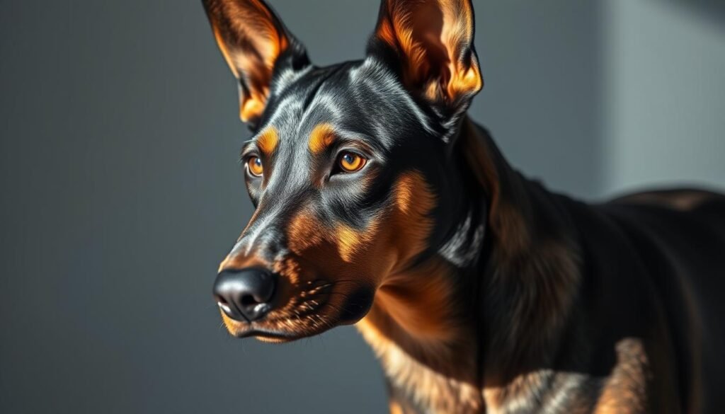 A close-up portrait of a mixed-breed dog with the distinctive features of a Doberman Pinscher and a German Shepherd Dog. The dog has a muscular, athletic build with a sleek black and tan coat. Its alert, intelligent eyes and erect ears convey a sense of watchfulness. The image is lit from the side, casting dramatic shadows and highlights that accentuate the dog's strong facial features and powerful physique. The background is slightly blurred, keeping the viewer's focus on the dog's health-related characteristics, such as its well-proportioned body, shiny coat, and overall robust appearance. The mood is one of strength, loyalty, and resilience, capturing the essence of the Doberman German Shepherd Mix breed.