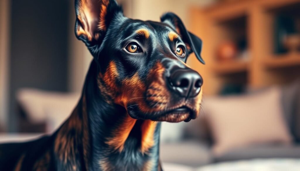 A close-up portrait of an Alsatian cross Doberman, its loyal gaze and muscular build capturing the essence of this unique hybrid breed. The dog's fur is sleek and glossy, with a rich blend of colors in the distinctive Alsatian and Doberman patterns. Soft, warm lighting highlights the animal's attentive expression, conveying the breed's intelligence and alertness. In the background, a blurred, tranquil domestic setting suggests the comfortable home environment this resilient, yet gentle companion thrives in. The image conveys the health considerations owners must carefully consider when raising an Alsatian cross Doberman, from potential joint issues to vigilance for respiratory problems.