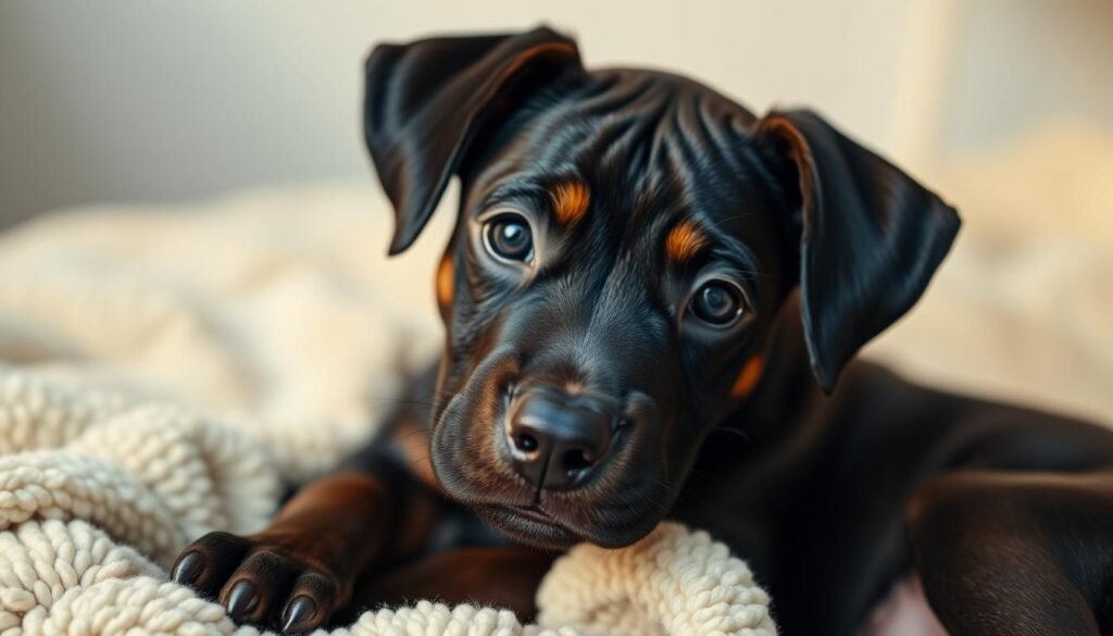 A close-up portrait of an adorable Doberman Pitbull mix puppy lounging on a soft, plush blanket. The puppy has a muscular yet sleek build, with a short, shiny black coat and floppy ears. Its expressive eyes gaze directly at the camera, conveying a sense of curious intelligence. The lighting is soft and diffused, creating warm, gentle shadows that accentuate the puppy's facial features. The background is blurred, focusing the viewer's attention on the puppy's captivating presence. The overall scene evokes a sense of comfort, companionship, and the unique charm of this mixed-breed dog. A close-up portrait of an adorable Doberman Pitbull mix puppy lounging on a soft, plush blanket. The puppy has a muscular yet sleek build, with a short, shiny black coat and floppy ears. Its expressive eyes gaze directly at the camera, conveying a sense of curious intelligence. The lighting is soft and diffused, creating warm, gentle shadows that accentuate the puppy's facial features. The background is blurred, focusing the viewer's attention on the puppy's captivating presence. The overall scene evokes a sense of comfort, companionship, and the unique charm of this mixed-breed dog.
