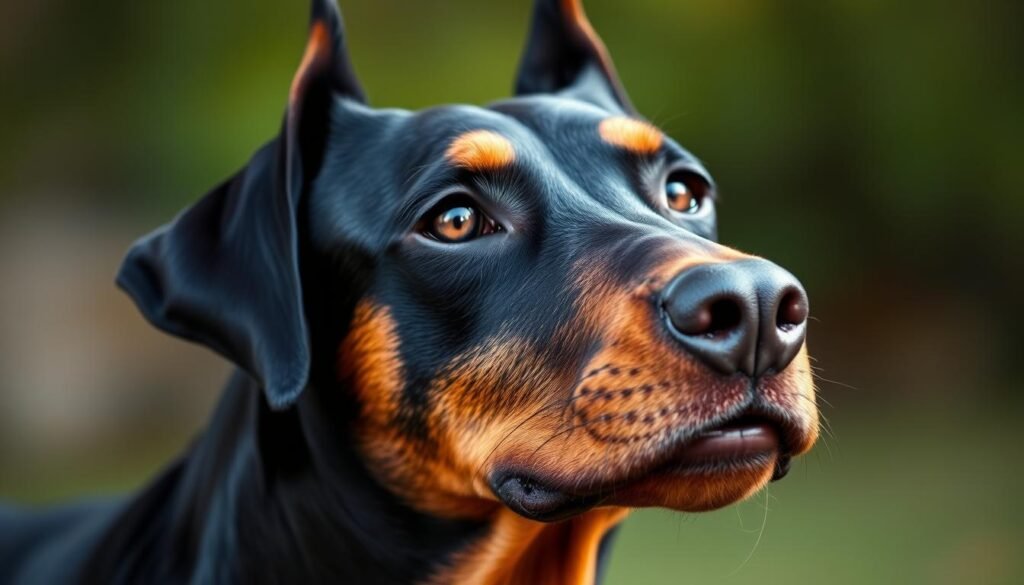 A close-up view of a Doberman Pinscher's head, showcasing the intricate color genetics that define the breed's distinctive appearance. The dog's alert gaze and sharply defined features are illuminated by soft, natural lighting, revealing the rich interplay of hues - from the deep, glossy black of the coat to the warm, chestnut-toned markings around the eyes, muzzle, and legs. The background is blurred, allowing the subject to take center stage and highlighting the breed's unique coloration as the focal point. The overall composition emphasizes the refined elegance and striking visual appeal of the Doberman Pinscher, capturing the essence of the breed's captivating color genetics. A close-up view of a Doberman Pinscher's head, showcasing the intricate color genetics that define the breed's distinctive appearance. The dog's alert gaze and sharply defined features are illuminated by soft, natural lighting, revealing the rich interplay of hues - from the deep, glossy black of the coat to the warm, chestnut-toned markings around the eyes, muzzle, and legs. The background is blurred, allowing the subject to take center stage and highlighting the breed's unique coloration as the focal point. The overall composition emphasizes the refined elegance and striking visual appeal of the Doberman Pinscher, capturing the essence of the breed's captivating color genetics.
