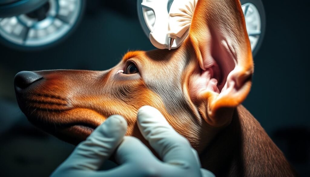 A close-up view of the intricate ear cropping procedure for a Doberman Pinscher, captured with clinical precision. The skin is gently lifted, revealing the cartilage structure as a skilled veterinarian surgeon meticulously trims and shapes the ear to achieve the desired pointed appearance. Bright surgical lights illuminate the focused, delicate process, creating a serene, professional atmosphere. The dog's expression conveys a sense of calm trust, as the veterinarian's experienced hands guide the operation. The image offers a detailed, step-by-step visual representation of this complex canine cosmetic procedure.