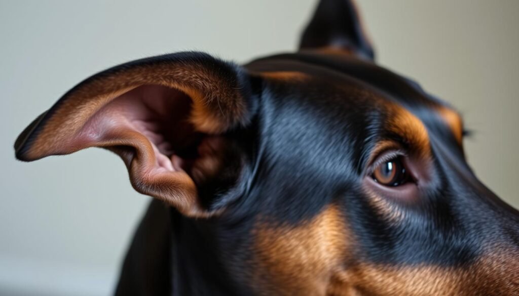 A close-up, well-lit shot of a Doberman's ear, showcasing its intricate structure and healthy condition. The ear is positioned centrally in the frame, capturing the delicate folds, the glossy sheen of the skin, and the attentive posture of the dog. The lighting is soft and diffused, accentuating the contours and texture of the ear. The background is slightly blurred, keeping the focus on the subject. The overall mood is one of fascination and appreciation for the importance of Doberman ear health, inviting the viewer to appreciate the nuances of this essential feature. A close-up, well-lit shot of a Doberman's ear, showcasing its intricate structure and healthy condition. The ear is positioned centrally in the frame, capturing the delicate folds, the glossy sheen of the skin, and the attentive posture of the dog. The lighting is soft and diffused, accentuating the contours and texture of the ear. The background is slightly blurred, keeping the focus on the subject. The overall mood is one of fascination and appreciation for the importance of Doberman ear health, inviting the viewer to appreciate the nuances of this essential feature.