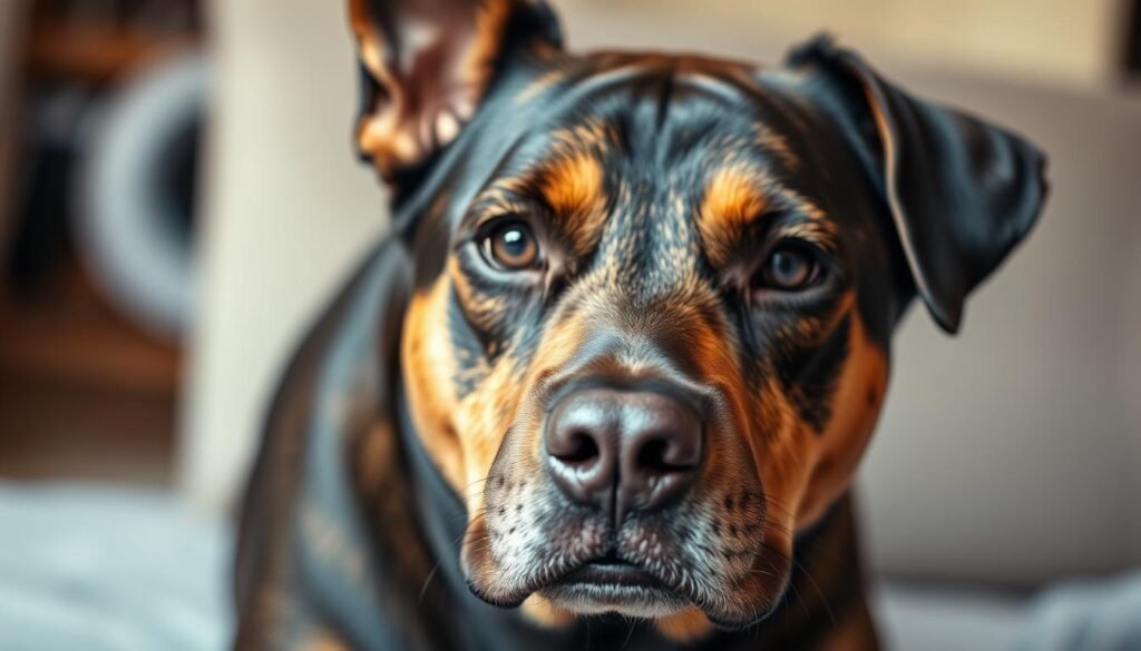 A closeup portrait of a Doberman German Shepherd mix dog, with a concerned expression on its face. The dog's body appears slightly hunched, with its ears pinned back, suggesting it is experiencing discomfort or health issues. The background is slightly blurred, with a soft, muted color palette, creating a sense of focus on the dog's facial features and physical condition. The lighting is soft and diffused, highlighting the dog's texture and details, such as its coat, eyes, and wrinkles. The overall mood is one of concern and empathy, reflecting the health challenges faced by this mixed-breed canine.