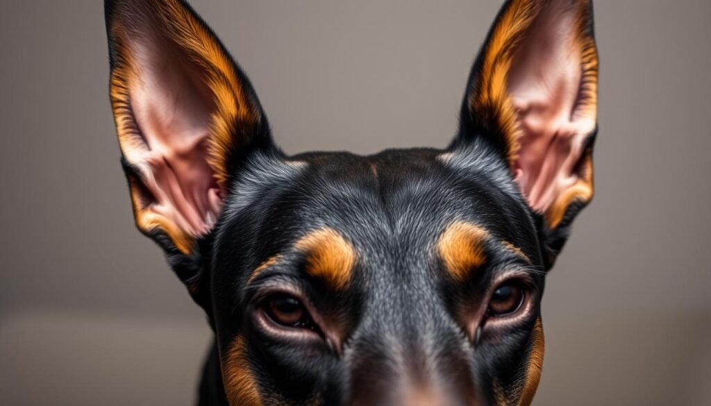 A closeup view of a Doberman's cropped ears, highlighting the unnatural appearance and potential health issues. The ears appear jagged, with visible scarring and an uncomfortable expression on the dog's face. The lighting is soft and diffused, creating a somber mood. The background is slightly blurred, drawing the viewer's focus to the cropped ears as the central subject. The overall composition conveys the cons of this cosmetic procedure, evoking empathy for the discomfort and harm it can cause the animal.