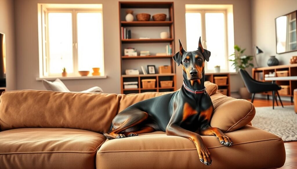 A cozy and well-appointed living space showcasing the perfect habitat for an Alsatian cross Doberman. In the foreground, the intelligent and alert hybrid breed lounges on a plush, earth-toned sofa, its sleek and muscular frame complementing the modern, minimalist decor. Tall windows in the middle ground flood the room with warm, natural light, illuminating the hardwood floors and neutral-toned walls. In the background, discreet built-in shelving displays a curated collection of books and decorative items, creating a sense of balance and sophistication. Subtle textures, such as woven baskets and a textured area rug, add depth and visual interest to the overall scene. The mood is one of comfort, tranquility, and a harmonious blend of the dog's rugged nature and the refined, urban living environment.
