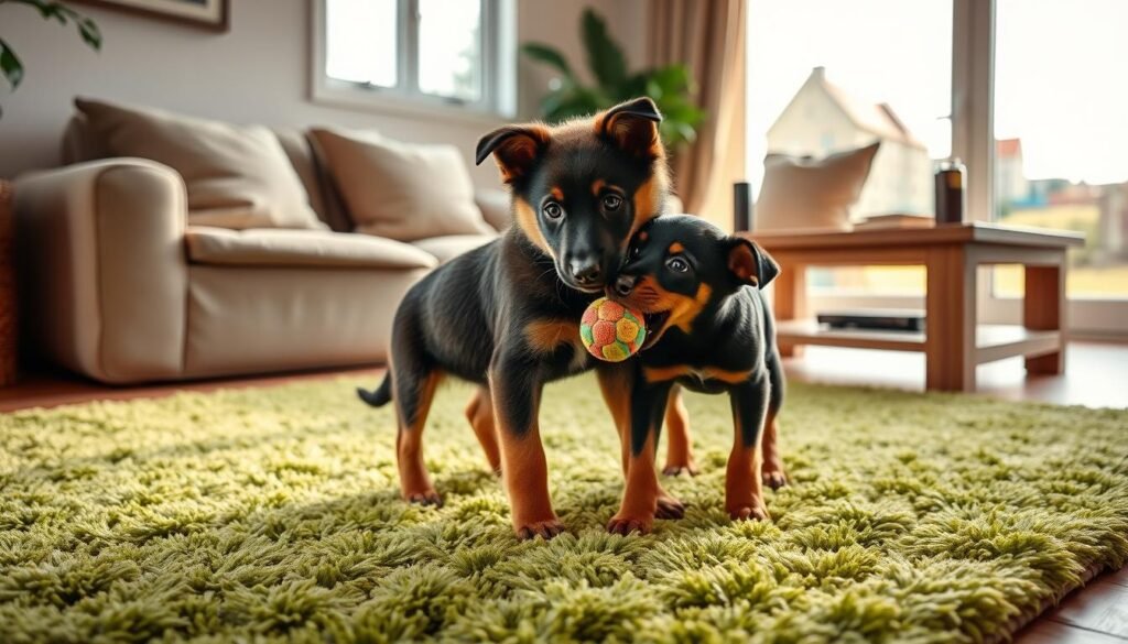 A cozy home interior, a lush green rug covers the floor. In the foreground, two playful German Shepherd-Doberman puppies frolic and socialize, their soft fur gleaming in the warm, diffused lighting. One puppy nuzzles the other, while the second puppy chews on a colorful toy. In the middle ground, plush throw pillows and a sturdy wooden coffee table provide a comfortable setting. The background features a large window overlooking a tranquil outdoor scene, gentle sunlight filtering in. The overall mood is one of comfort, warmth, and the joyful bonding between the puppies. A cozy home interior, a lush green rug covers the floor. In the foreground, two playful German Shepherd-Doberman puppies frolic and socialize, their soft fur gleaming in the warm, diffused lighting. One puppy nuzzles the other, while the second puppy chews on a colorful toy. In the middle ground, plush throw pillows and a sturdy wooden coffee table provide a comfortable setting. The background features a large window overlooking a tranquil outdoor scene, gentle sunlight filtering in. The overall mood is one of comfort, warmth, and the joyful bonding between the puppies.