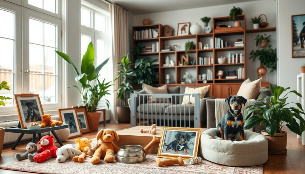 A cozy living room, bathed in soft natural light from large windows. In the foreground, an array of puppy supplies - plush toys, chew bones, food and water bowls, and a cozy pet bed. On a side table, framed photos of a Doberman Pitbull mix puppy, surrounded by lush indoor plants. The middle ground features a low coffee table, with puppy-proofing measures like edge guards and a baby gate visible. In the background, bookcases and shelves filled with books, trinkets, and other homey touches, creating a welcoming, family-friendly atmosphere. The overall scene conveys a sense of anticipation and preparation for the arrival of an adorable new Doberman Pitbull mix puppy. A cozy living room, bathed in soft natural light from large windows. In the foreground, an array of puppy supplies - plush toys, chew bones, food and water bowls, and a cozy pet bed. On a side table, framed photos of a Doberman Pitbull mix puppy, surrounded by lush indoor plants. The middle ground features a low coffee table, with puppy-proofing measures like edge guards and a baby gate visible. In the background, bookcases and shelves filled with books, trinkets, and other homey touches, creating a welcoming, family-friendly atmosphere. The overall scene conveys a sense of anticipation and preparation for the arrival of an adorable new Doberman Pitbull mix puppy.