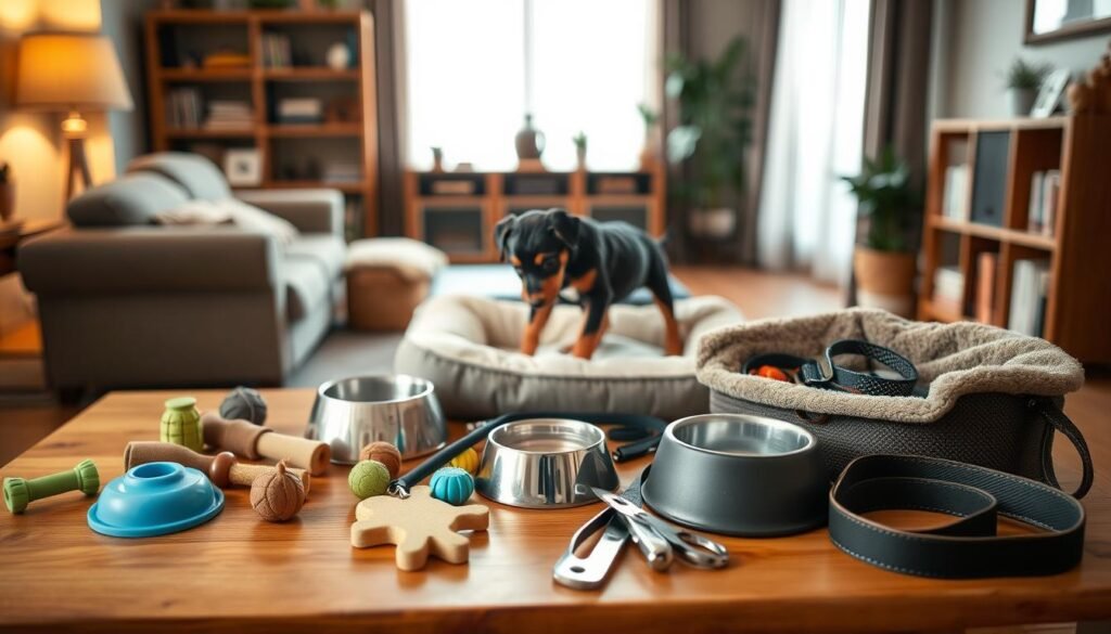 A cozy, well-lit home interior, with a wooden table in the foreground displaying an array of Doberman puppy essentials - chew toys, food and water bowls, a plush bed, a leash, and grooming tools. The middle ground features a playful Doberman puppy exploring the supplies, surrounded by soft, natural lighting. The background showcases a warm, inviting living room setting, with a bookshelf and plants adding to the peaceful ambiance. The overall scene conveys the excitement and preparation involved in welcoming a Doberman puppy into a loving home.
