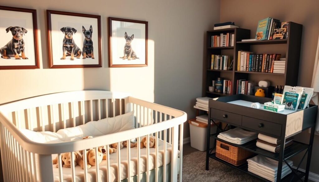 A cozy, well-lit nursery scene featuring an assortment of high-quality baby Doberman supplies. In the foreground, a sleek, modern crib with plush bedding and a selection of soft, cuddly toys. Nearby, a stylish changing table stocked with organic baby wipes, diaper cream, and other essentials. On the walls, framed artwork depicting Doberman puppies, casting a warm, playful ambiance. In the background, a bookshelf filled with dog training manuals and puppy care guides. The overall atmosphere is one of preparedness, comfort, and the excitement of welcoming a new furry family member. A cozy, well-lit nursery scene featuring an assortment of high-quality baby Doberman supplies. In the foreground, a sleek, modern crib with plush bedding and a selection of soft, cuddly toys. Nearby, a stylish changing table stocked with organic baby wipes, diaper cream, and other essentials. On the walls, framed artwork depicting Doberman puppies, casting a warm, playful ambiance. In the background, a bookshelf filled with dog training manuals and puppy care guides. The overall atmosphere is one of preparedness, comfort, and the excitement of welcoming a new furry family member.