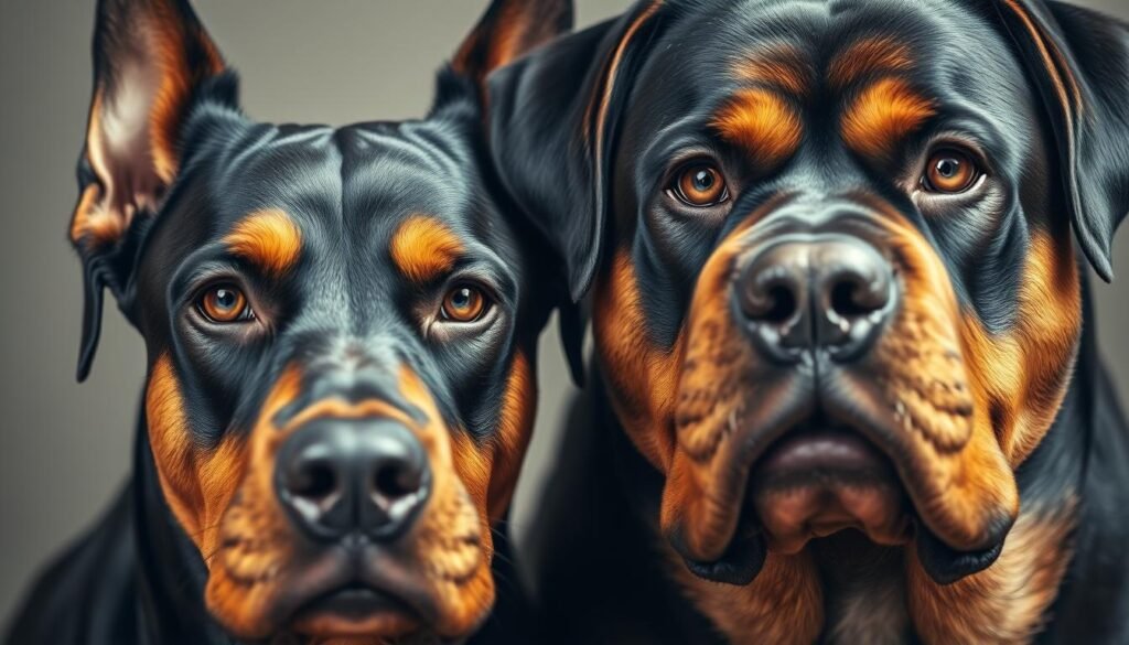 A detailed close-up portrait of a Doberman and a Rottweiler side-by-side, their faces and bodies visible in a balanced composition. The dogs have concerned expressions, with furrowed brows and slightly tilted heads, conveying a sense of health-related worry. The lighting is soft and natural, accentuating the textures of their fur coats and facial features. The background is blurred and muted, keeping the focus on the canines. The overall mood is one of empathy and contemplation, inviting the viewer to consider the health challenges faced by these two popular breeds.