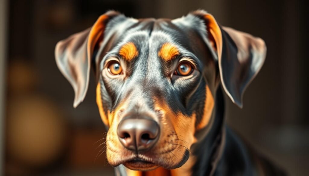 A detailed close-up portrait of a Rottie cross Doberman dog in a warm, natural lighting. The dog's expressive face fills the frame, highlighting its distinctive features - the broad muzzle, floppy ears, and alert, intelligent eyes. The dog's coat has a mix of the Rottweiler's black and tan markings and the Doberman's sleek, shiny texture. The image conveys a sense of the dog's potential health considerations, such as joint issues or heart conditions, through a pensive, thoughtful gaze. The background is softly blurred, placing the focus entirely on the dog's face and form.