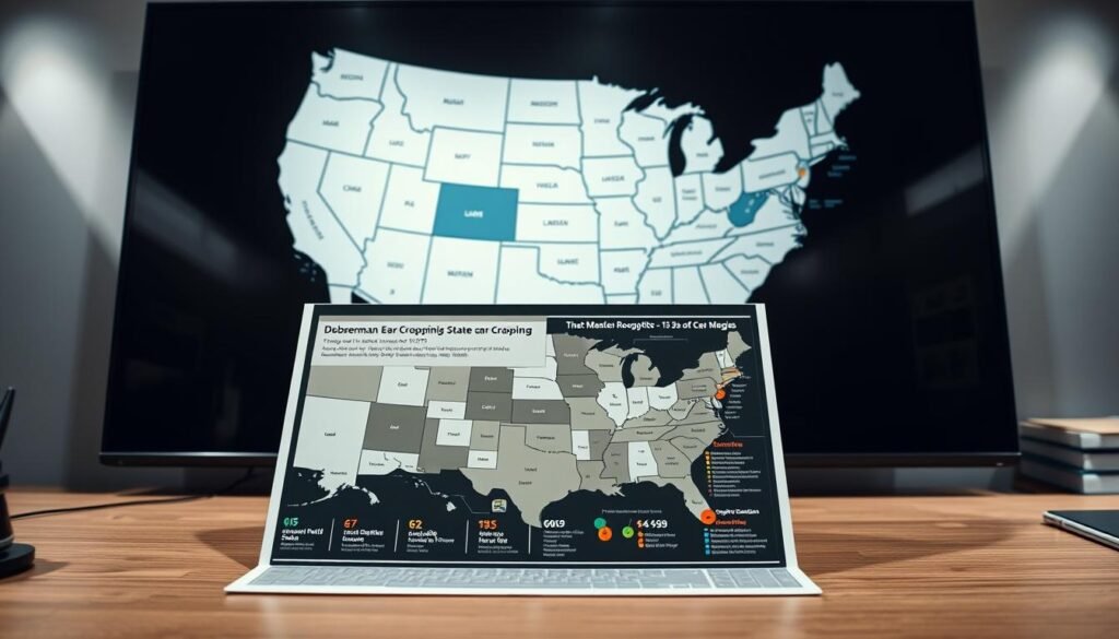 A detailed map of the United States, its states and territories, displayed on a sleek, modern desk. In the foreground, a well-researched infographic showcasing the various laws and regulations regarding doberman ear cropping, state by state. The infographic utilizes clean typography, bold colors, and intuitive data visualization to convey the complex legal landscape in an accessible manner. The lighting is soft and directional, casting subtle shadows that add depth and a sense of professionalism to the scene. The angle is slightly elevated, giving the viewer a bird's-eye perspective that emphasizes the comprehensive nature of the information presented.