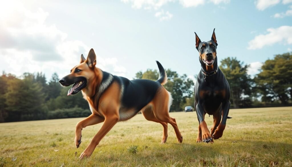 A energetic German shepherd dog and a powerful Doberman pinscher engaging in a vigorous outdoor exercise session. The canines are running side-by-side on a grassy field, their powerful muscles rippling beneath their sleek coats. Sunlight streams through clouds, casting a warm glow over the scene. In the background, lush trees and a cloudless blue sky create a serene natural backdrop. The dogs' expressions convey their enthusiasm and love for physical activity. The camera angle captures the animals' impressive size and athleticism, emphasizing their exercise needs and high activity levels.