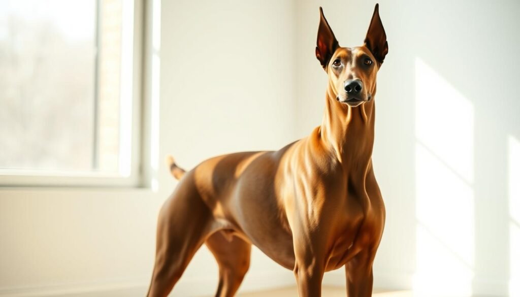 A fawn Doberman Pinscher gracefully stands in a sunlit room, its well-groomed coat shimmering. The dog's alert posture and intelligent gaze suggest a focused, disciplined demeanor. The scene is captured with a wide-angle lens, emphasizing the Doberman's regal presence. Soft, diffused lighting from a large window creates subtle shadows, accentuating the breed's distinctive facial features and muscular build. The background is a clean, minimalist space, allowing the Doberman to be the central focus. An air of calm elegance pervades the image, reflecting the dedication and care required to maintain a Doberman's immaculate appearance.