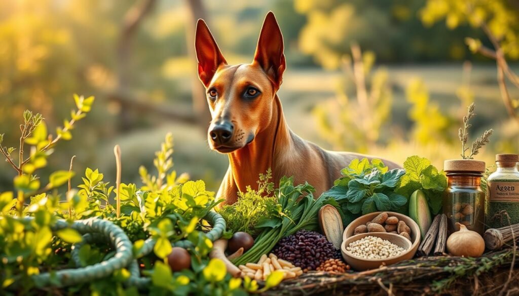A fawn Doberman Pinscher nestled in a natural setting, surrounded by lush greenery and bathed in warm, golden sunlight. In the foreground, the Doberman's sleek and muscular frame is captured in vivid detail, its coat gleaming with a healthy sheen. In the middle ground, an array of nutritious plants and herbs typical of a Doberman's diet are artfully arranged, including leafy greens, lean protein sources, and vital supplements. The background features a serene, woodland-inspired landscape, conveying a sense of balance and harmony. The overall scene evokes a tranquil and nourishing atmosphere, reflecting the specific dietary needs and well-being of this unique breed.