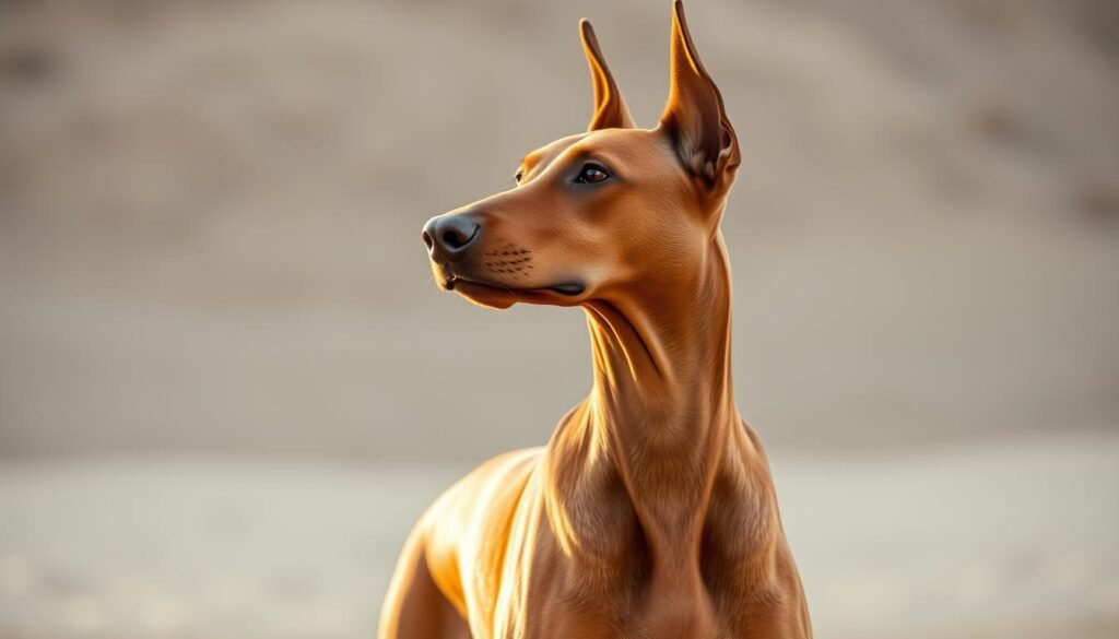 A fawn Doberman Pinscher standing alert, its sleek, muscular frame bathed in warm, golden light. The dog's eyes are alert and focused, conveying intelligence and vigilance. In the background, a neutral, muted color palette suggests a calm, serene environment, allowing the dog's features to be the central focus. The image is captured with a shallow depth of field, gently blurring the surroundings and drawing the viewer's attention to the dog's striking appearance and regal bearing. The overall mood is one of strength, elegance, and the breed's inherent health and vitality.