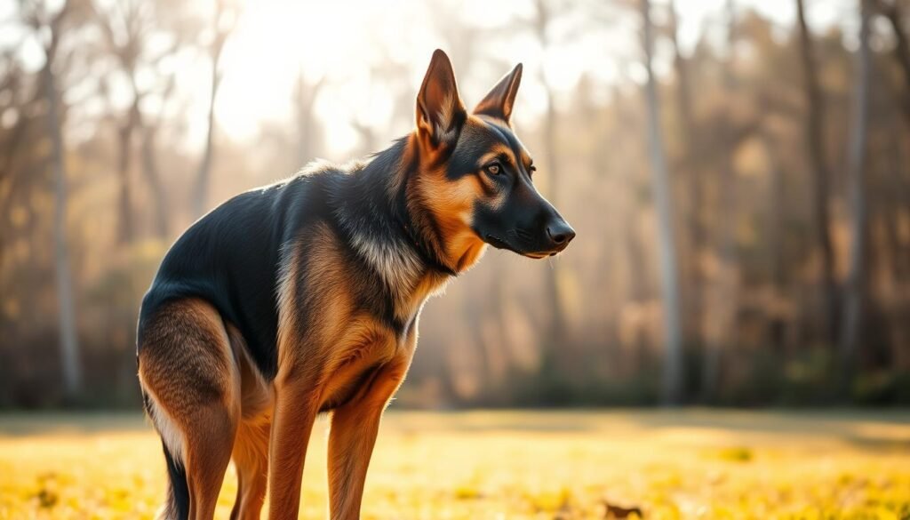A focused, well-trained German Shepherd Doberman cross stands alert in a sunlit training field, its muscular frame radiating power and intelligence. The dog's alert gaze and attentive posture suggest its readiness to respond to its handler's commands. In the background, a wooded area provides a natural setting, while the warm, golden hues of the afternoon sunlight cast a sense of calm focus over the scene. The image conveys the training challenges and requirements of this unique hybrid breed, capturing its inherent strength, trainability, and potential as a capable working dog.