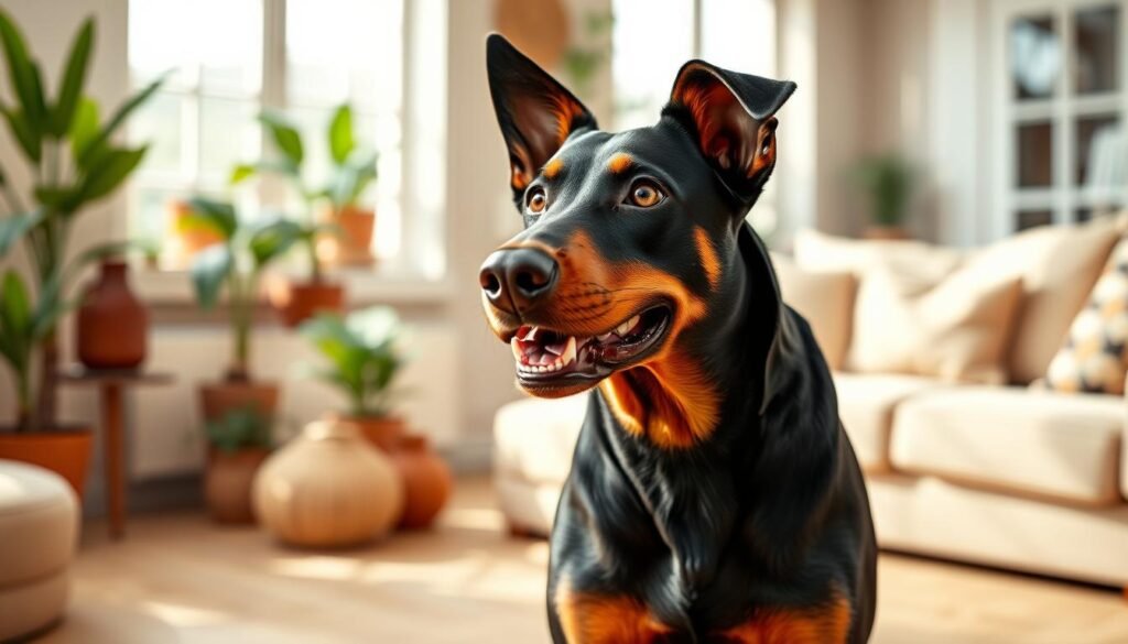 A friendly and energetic Doberman Pinscher-Labrador Retriever mix, standing in a well-lit, warm-toned living room. The dog has a sleek, muscular build with a short, shiny coat in a mix of black and tan colors. Its alert, expressive eyes and perked ears convey an attentive, playful demeanor. The background features a cozy, inviting atmosphere with soft furniture, potted plants, and natural sunlight filtering through large windows, creating a sense of comfort and harmony. The overall scene captures the temperament of this hybrid breed - loyal, intelligent, and eager to engage with its human companions. A friendly and energetic Doberman Pinscher-Labrador Retriever mix, standing in a well-lit, warm-toned living room. The dog has a sleek, muscular build with a short, shiny coat in a mix of black and tan colors. Its alert, expressive eyes and perked ears convey an attentive, playful demeanor. The background features a cozy, inviting atmosphere with soft furniture, potted plants, and natural sunlight filtering through large windows, creating a sense of comfort and harmony. The overall scene captures the temperament of this hybrid breed - loyal, intelligent, and eager to engage with its human companions.