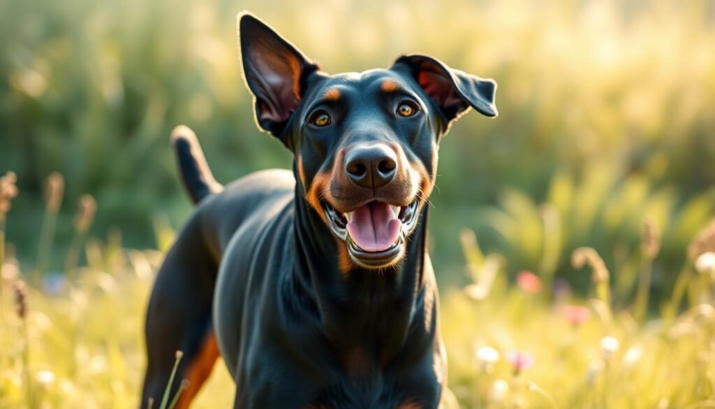 A friendly and playful Ben Doberman with a well-muscled build, standing in a lush, sun-dappled meadow. The dog has a glossy black coat, floppy ears, and a warm, expressive gaze. The camera captures the Doberman from a low angle, highlighting its confident, alert posture. Soft, warm lighting illuminates the scene, creating a sense of tranquility and natural beauty. The background features a blur of verdant grass and wildflowers, emphasizing the dog's connection to its pastoral environment. A friendly and playful Ben Doberman with a well-muscled build, standing in a lush, sun-dappled meadow. The dog has a glossy black coat, floppy ears, and a warm, expressive gaze. The camera captures the Doberman from a low angle, highlighting its confident, alert posture. Soft, warm lighting illuminates the scene, creating a sense of tranquility and natural beauty. The background features a blur of verdant grass and wildflowers, emphasizing the dog's connection to its pastoral environment.