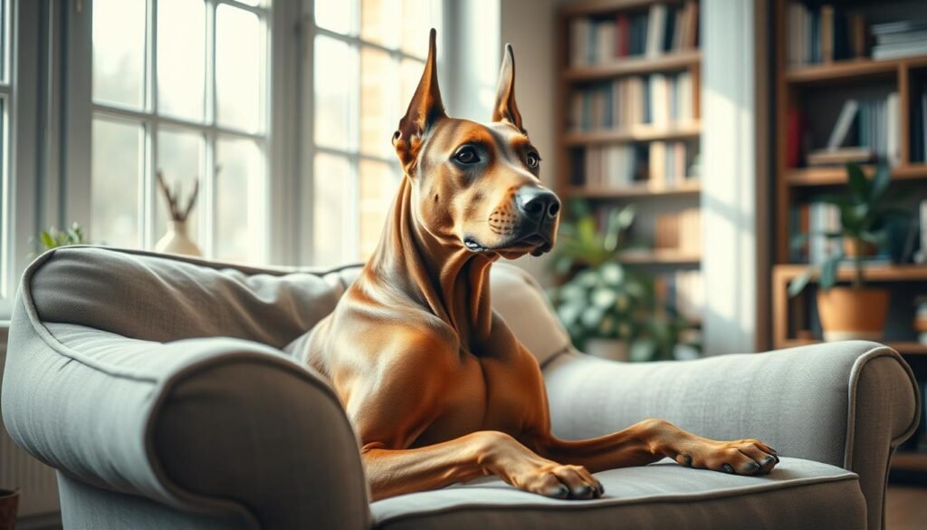 A gentle, calm Fawn Doberman relaxing on a plush armchair, its alert yet affectionate gaze capturing its friendly and patient temperament. Soft natural lighting filters through large windows, casting a warm, soothing ambiance. The dog's muscular yet graceful physique is showcased, conveying the breed's power and dignity. In the background, a cozy domestic scene with bookshelves and potted plants hints at the Doberman's adaptability to home environments. The overall composition emphasizes the Fawn Doberman's loyal, intelligent, and loving personality - a true "gentle giant" of the breed. A gentle, calm Fawn Doberman relaxing on a plush armchair, its alert yet affectionate gaze capturing its friendly and patient temperament. Soft natural lighting filters through large windows, casting a warm, soothing ambiance. The dog's muscular yet graceful physique is showcased, conveying the breed's power and dignity. In the background, a cozy domestic scene with bookshelves and potted plants hints at the Doberman's adaptability to home environments. The overall composition emphasizes the Fawn Doberman's loyal, intelligent, and loving personality - a true "gentle giant" of the breed.