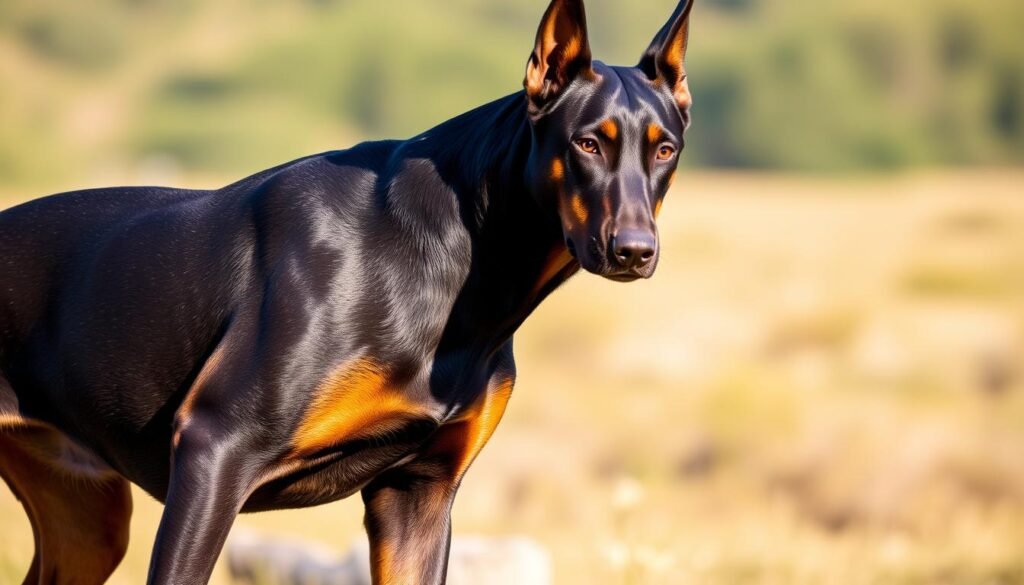 A large, muscular Alsatian Doberman Hybrid dog stands alert and focused, its powerful frame poised for action. The animal's distinctive features, including the tapered muzzle, floppy ears, and sleek black and tan coat, are captured in striking detail under the warm glow of natural lighting. The dog's intense gaze and tense, ready-to-pounce posture convey a sense of raw, primal energy, as if it is about to spring into motion at any moment. The background is a blurred, verdant landscape, placing the Alsatian Doberman Cross in its natural habitat and emphasizing its athletic prowess and dynamic presence. A large, muscular Alsatian Doberman Hybrid dog stands alert and focused, its powerful frame poised for action. The animal's distinctive features, including the tapered muzzle, floppy ears, and sleek black and tan coat, are captured in striking detail under the warm glow of natural lighting. The dog's intense gaze and tense, ready-to-pounce posture convey a sense of raw, primal energy, as if it is about to spring into motion at any moment. The background is a blurred, verdant landscape, placing the Alsatian Doberman Cross in its natural habitat and emphasizing its athletic prowess and dynamic presence.
