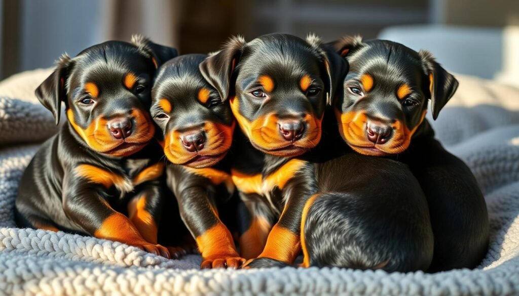 A litter of adorable Rottweiler Doberman mix puppies cuddling together in a cozy, well-lit scene. The puppies are in the foreground, their glossy black and tan coats shimmering under warm, natural lighting. In the middle ground, a plush, textured blanket provides a comfortable backdrop, hinting at a nurturing, domestic setting. The background is softly blurred, keeping the focus on the endearing puppy subjects. The overall composition evokes a sense of affection, intimacy, and the charming appeal of this unique hybrid breed. A litter of adorable Rottweiler Doberman mix puppies cuddling together in a cozy, well-lit scene. The puppies are in the foreground, their glossy black and tan coats shimmering under warm, natural lighting. In the middle ground, a plush, textured blanket provides a comfortable backdrop, hinting at a nurturing, domestic setting. The background is softly blurred, keeping the focus on the endearing puppy subjects. The overall composition evokes a sense of affection, intimacy, and the charming appeal of this unique hybrid breed.