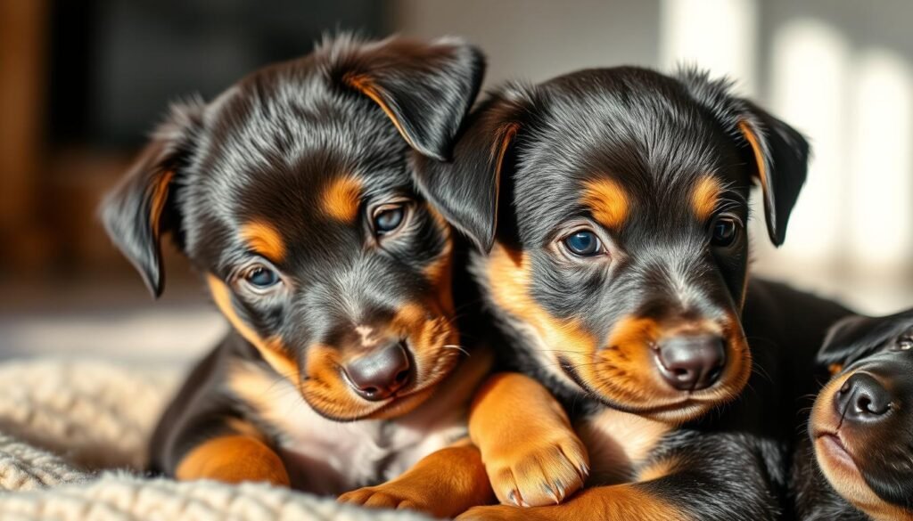 A litter of two adorable German Shepherd cross Doberman puppies, their fur glistening in the soft, natural lighting of a cozy, domestic setting. The pups are curled up together, their alert expressions and muscular builds hinting at their mixed-breed heritage. The background is blurred, allowing the viewer to focus on the puppies' endearing expressions and healthy, shiny coats. The scene conveys a sense of comfort, warmth, and the potential challenges and considerations that come with owning a hybrid dog breed. A litter of two adorable German Shepherd cross Doberman puppies, their fur glistening in the soft, natural lighting of a cozy, domestic setting. The pups are curled up together, their alert expressions and muscular builds hinting at their mixed-breed heritage. The background is blurred, allowing the viewer to focus on the puppies' endearing expressions and healthy, shiny coats. The scene conveys a sense of comfort, warmth, and the potential challenges and considerations that come with owning a hybrid dog breed.