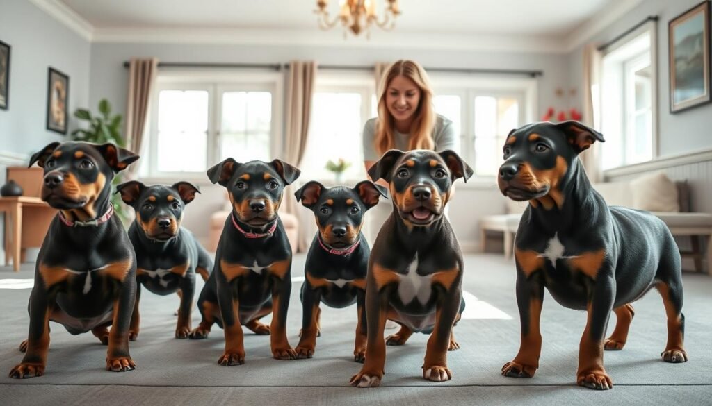 A lively and well-lit indoor scene showcasing a group of energetic Doberman Pitbull mix puppies undergoing obedience training. The puppies are positioned in the foreground, their alert expressions and attentive body language conveying their eagerness to learn. In the middle ground, a caring and experienced trainer guides the puppies through a series of commands, using positive reinforcement techniques. The background features a cozy, clean training facility with padded floors and tasteful decor, creating a welcoming and professional atmosphere. Soft, natural lighting bathes the scene, highlighting the puppies' sleek coats and the trainer's encouraging demeanor. An overall sense of joyful learning and harmonious interaction between the puppies and their human mentor permeates the image. A lively and well-lit indoor scene showcasing a group of energetic Doberman Pitbull mix puppies undergoing obedience training. The puppies are positioned in the foreground, their alert expressions and attentive body language conveying their eagerness to learn. In the middle ground, a caring and experienced trainer guides the puppies through a series of commands, using positive reinforcement techniques. The background features a cozy, clean training facility with padded floors and tasteful decor, creating a welcoming and professional atmosphere. Soft, natural lighting bathes the scene, highlighting the puppies' sleek coats and the trainer's encouraging demeanor. An overall sense of joyful learning and harmonious interaction between the puppies and their human mentor permeates the image.