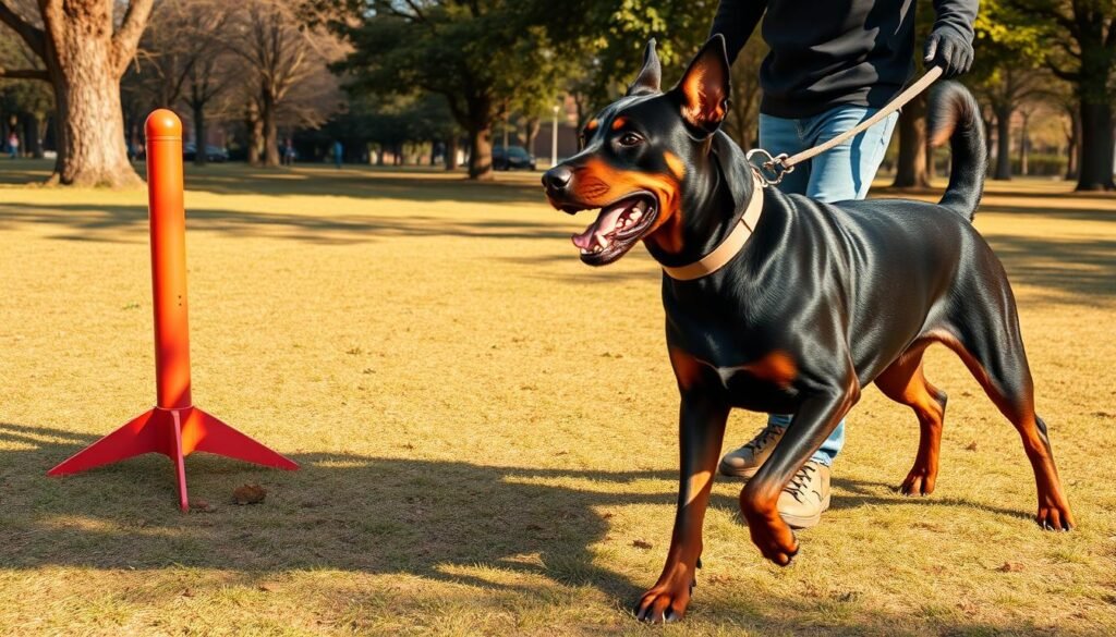 A lively, energetic scene of a rottweiler and doberman pinscher mix dog engaging in vigorous outdoor exercise. The muscular canine hybrid stands alert in a sun-dappled park setting, leash in hand as its owner encourages it to run and jump through an obstacle course. Focused expressions, taut muscles, and a sense of power and agility convey the high exercise needs of this unique breed. Warm, golden natural lighting highlights the dogs' sleek coats and casts long shadows, creating a dynamic, active atmosphere. Captured with a wide-angle lens to emphasize the dogs' impressive physicality within their environment.