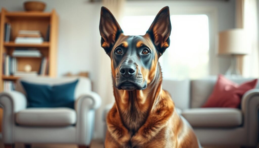 A loyal and affectionate Doberman Shepherd hybrid, sitting attentively in a cozy, well-lit living room. Its muscular, athletic build and alert expression suggest a perfect balance of protective instinct and gentle companionship. The dog's mahogany and tan coat glistens in the warm, natural lighting, while its alert eyes and pricked ears convey a sense of watchfulness and devotion. In the background, a plush armchair and bookshelves create a welcoming, family-oriented atmosphere, hinting at the dog's role as a beloved household member. The overall scene radiates a sense of harmony and trust, capturing the essence of the Doberman Shepherd as an ideal family pet. A loyal and affectionate Doberman Shepherd hybrid, sitting attentively in a cozy, well-lit living room. Its muscular, athletic build and alert expression suggest a perfect balance of protective instinct and gentle companionship. The dog's mahogany and tan coat glistens in the warm, natural lighting, while its alert eyes and pricked ears convey a sense of watchfulness and devotion. In the background, a plush armchair and bookshelves create a welcoming, family-oriented atmosphere, hinting at the dog's role as a beloved household member. The overall scene radiates a sense of harmony and trust, capturing the essence of the Doberman Shepherd as an ideal family pet.